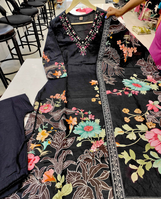 Cotton Digital Printed suit with Malmal Lining- 3 pc suit